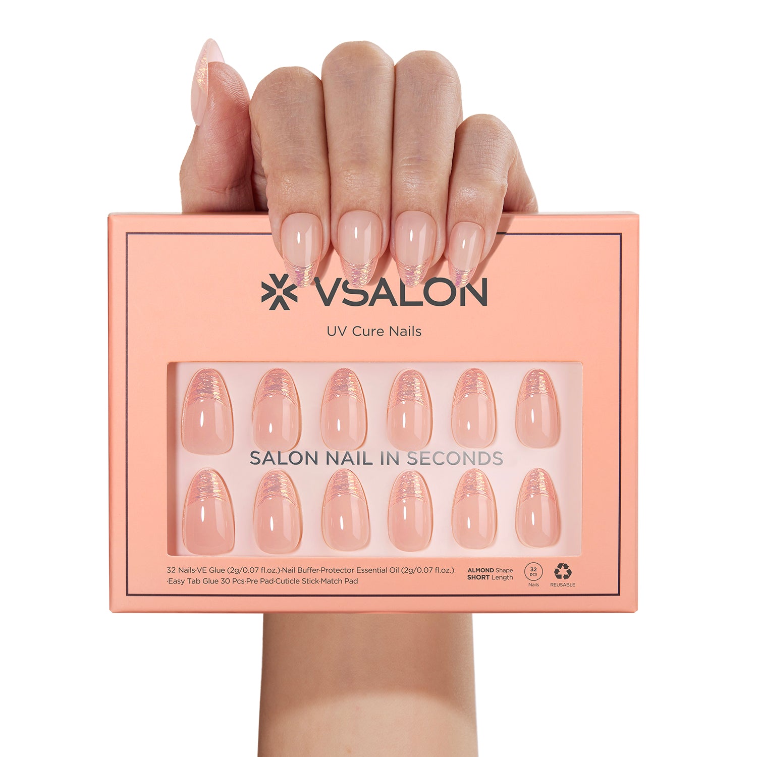 VSALON UV Cure Nails Golden Dream Nude Pink Ombre French Tips Short Almond Press On Nails - model's hand holding the top of the box – displaying nail design and product packaging