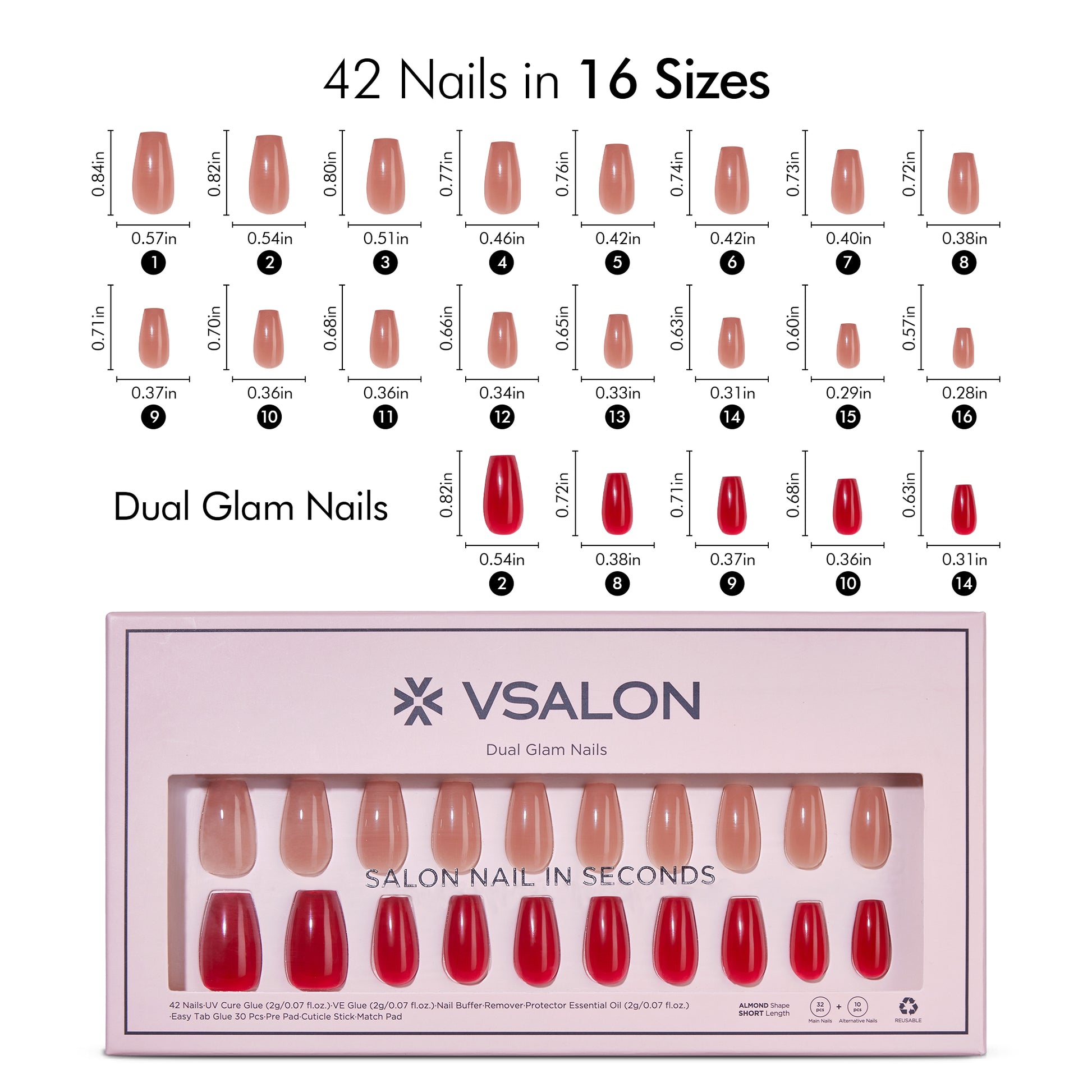 VSALON Dual Glam Nails Happy Glow Red Solid Color Short Coffin Press On Nails Size Chart – shows length and width for each press on nail.