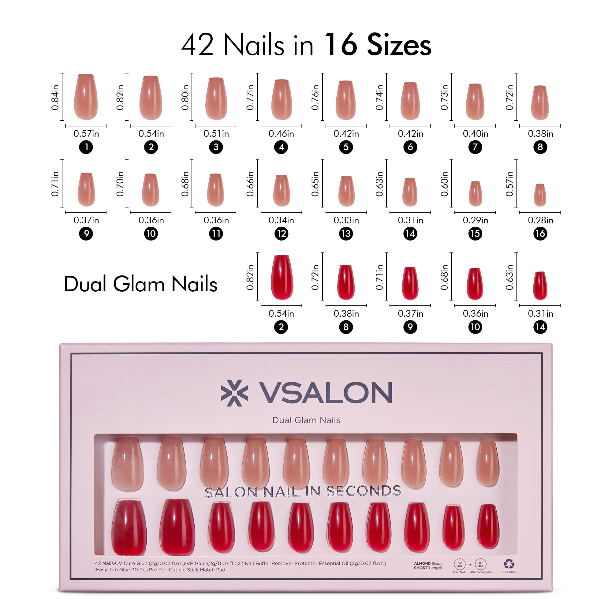 VSALON Dual Glam Nails Happy Glow Red Solid Color Short Coffin Press On Nails Size Chart – shows length and width for each press on nail.