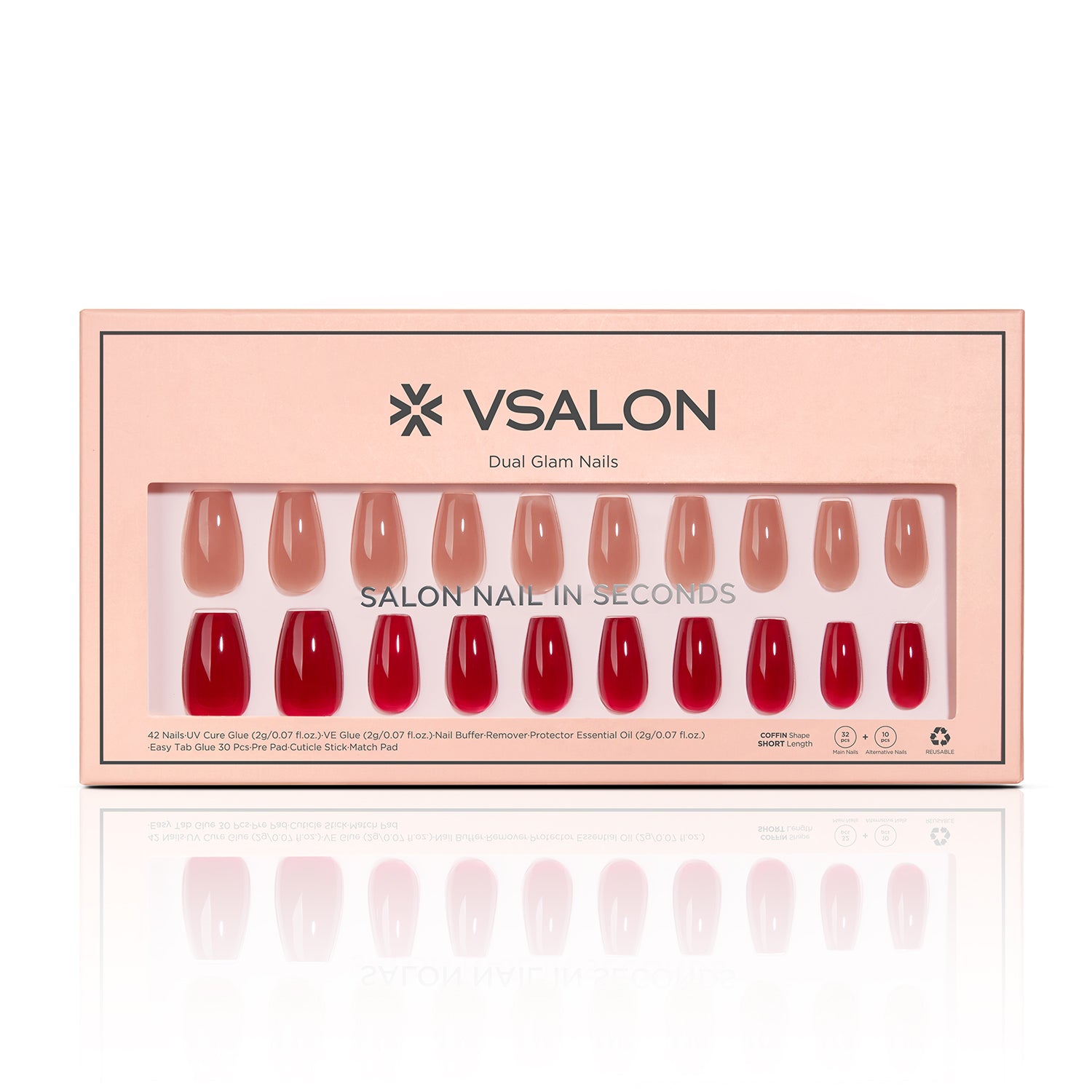 VSALON Dual Glam Nails Happy Glow Red Solid Color Short Coffin Press On Nails - easy to apply, salon-quality, lasts 25+ days.