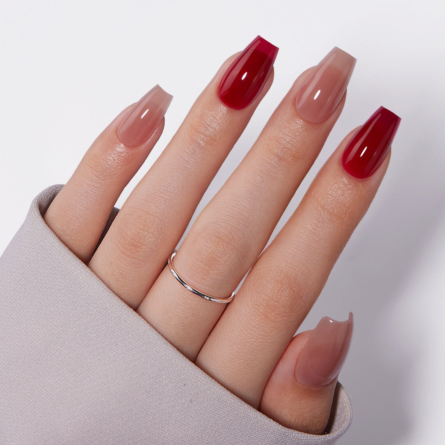 VSALON Dual Glam Nails Happy Glow Red Solid Color Short Coffin Press On Nails - model wearing