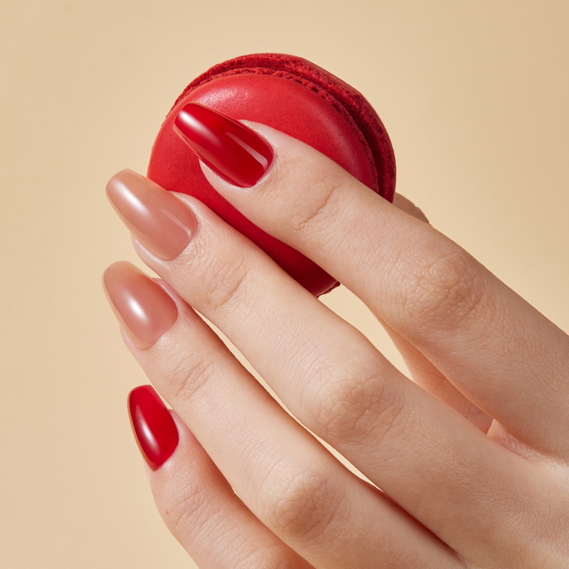VSALON Dual Glam Nails Happy Glow Red Solid Color Short Coffin Press On Nails - styled for a holiday party look.