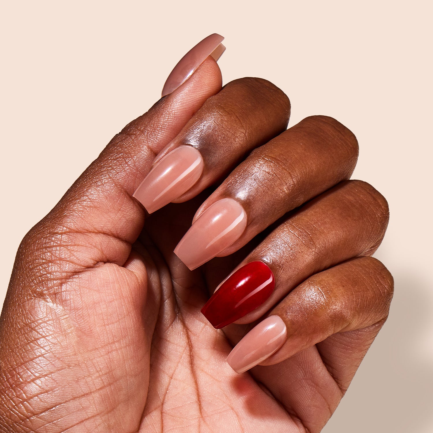VSALON Dual Glam Nails Happy Glow Red Solid Color Short Coffin Press On Nails - natural look on hand model