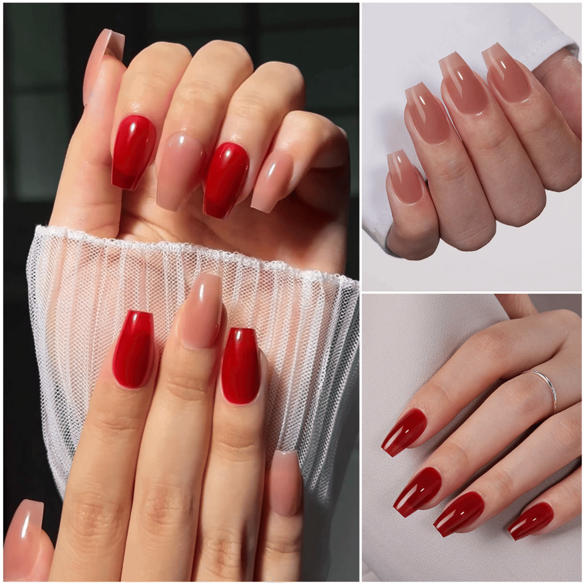 VSALON Dual Glam Nails Happy Glow Red Solid Color Short Coffin Press On Nails - Model showing nails with both hands – displaying nail design and manicure style