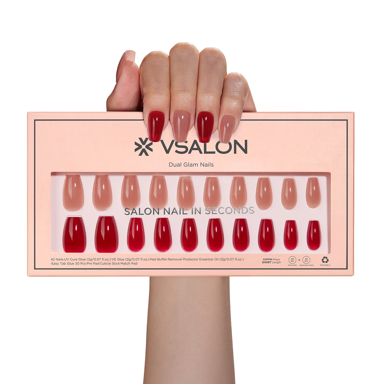 VSALON Dual Glam Nails Happy Glow Red Solid Color Short Coffin Press On Nails - model's hand holding the top of the box – displaying nail design and product packaging