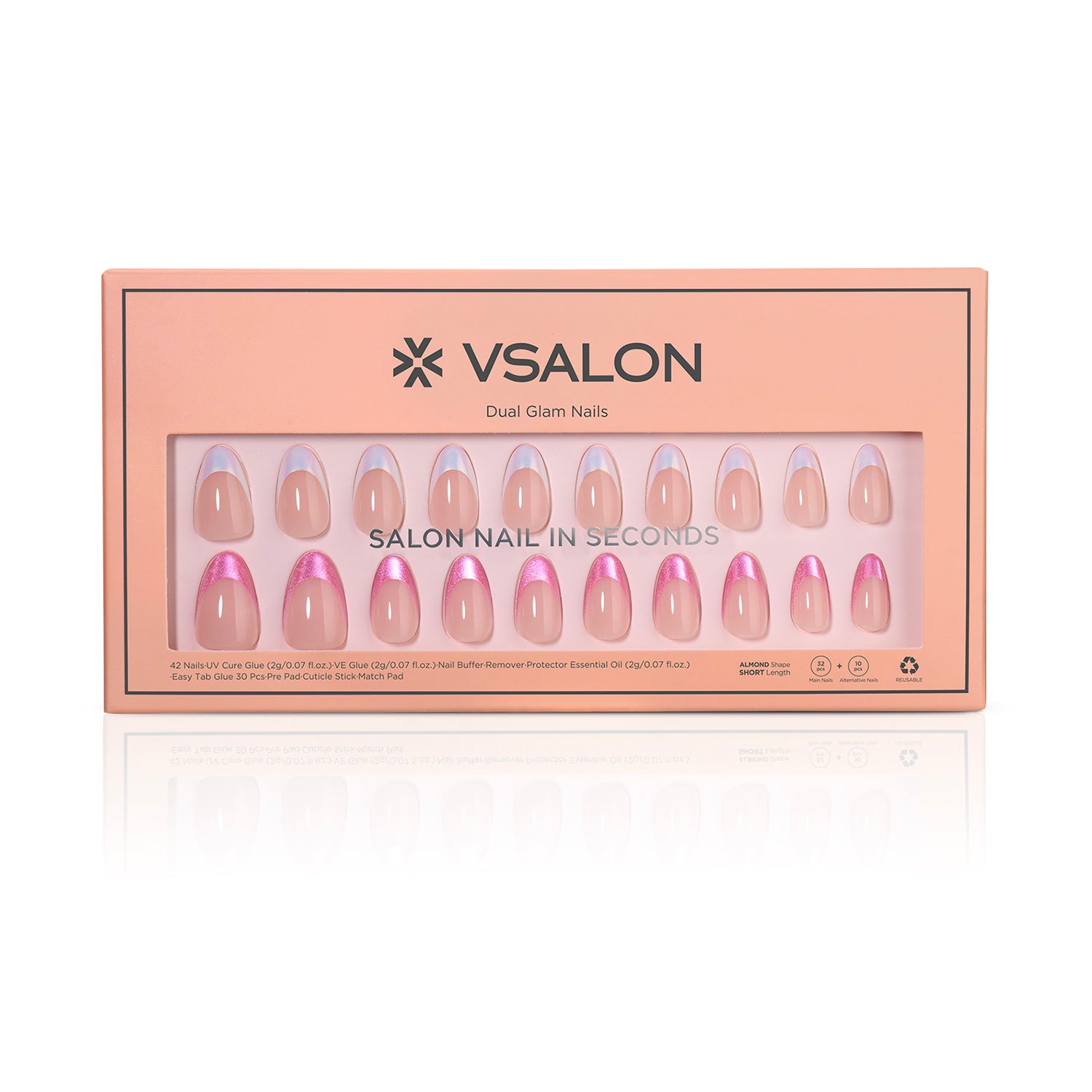 VSALON Dual Glam Nails Liberty Tips Pink French Tips Short Almond Press On Nails - easy to apply, salon-quality, lasts 25+ days.