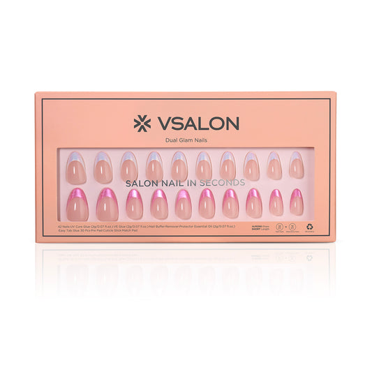 VSALON Dual Glam Nails Liberty Tips Pink French Tips Short Almond Press On Nails - easy to apply, salon-quality, lasts 25+ days.