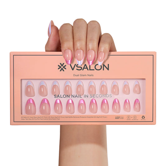 VSALON Dual Glam Nails Liberty Tips Pink French Tips Short Almond Press On Nails - model's hand holding the top of the box – displaying nail design and product packaging