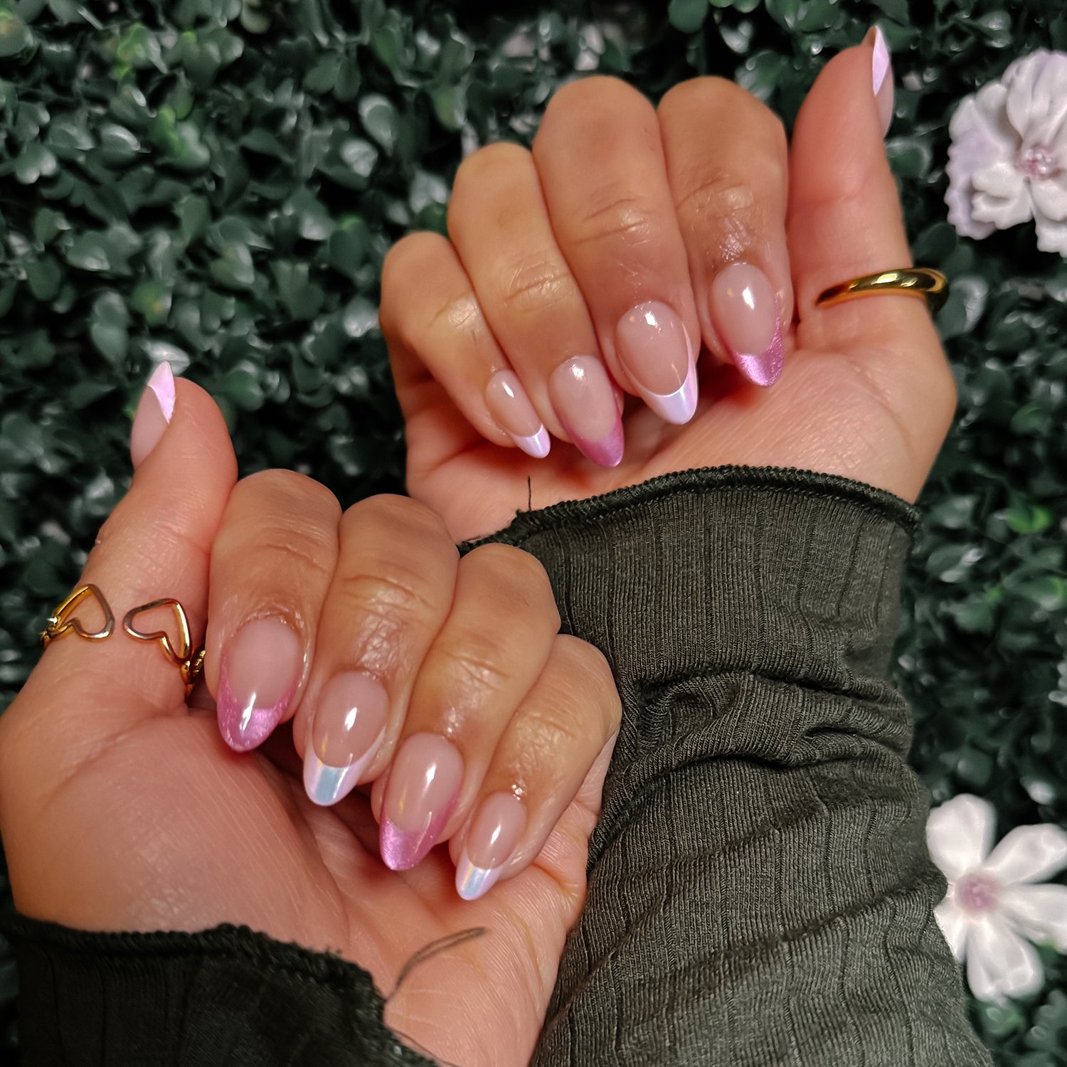 VSALON Dual Glam Nails Liberty Tips Pink French Tips Short Almond Press On Nails - Model showing nails with both hands – displaying nail design and manicure style