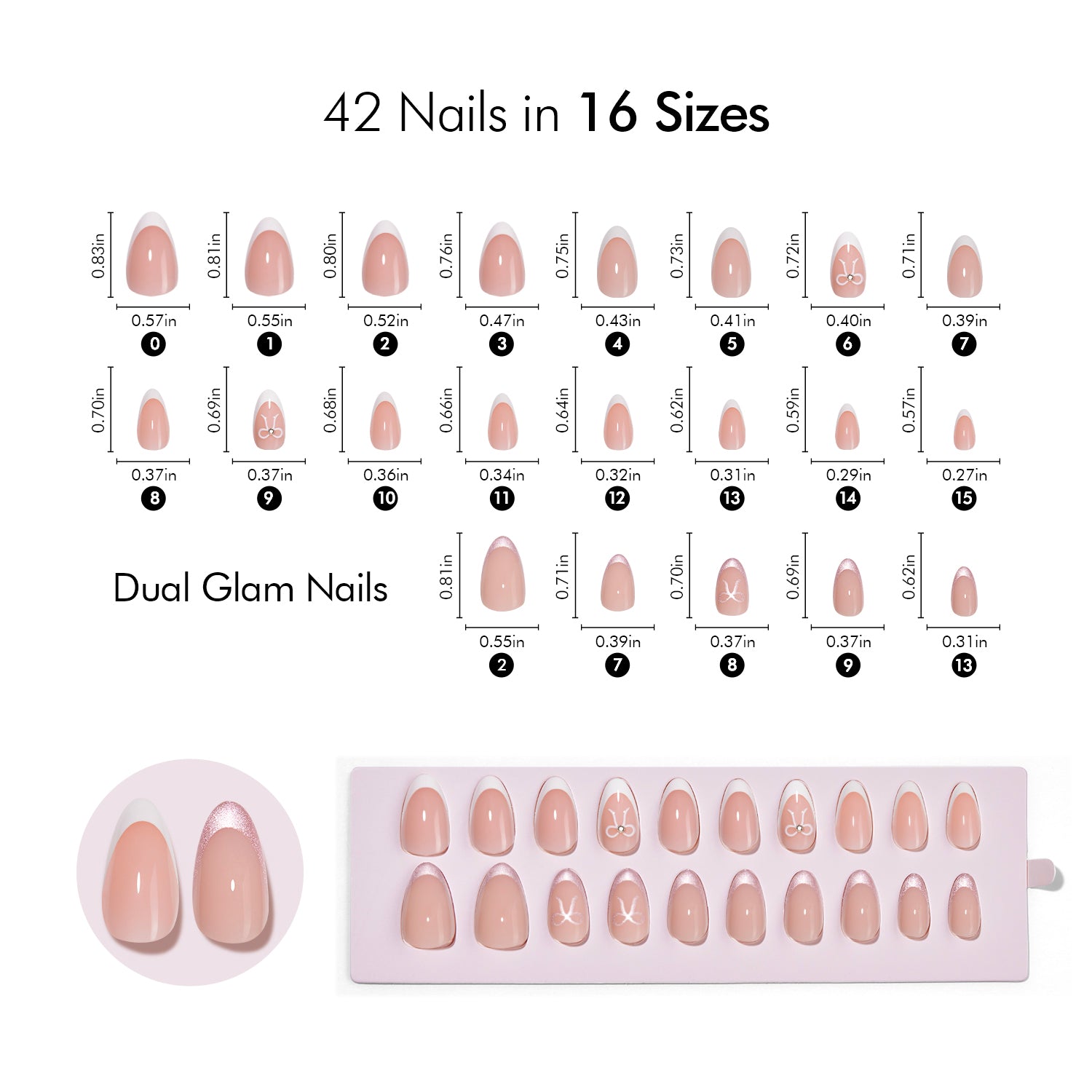 VSALON Dual Glam Nails Lovers Note Bow French Tips Short Almond Press On Nails Size Chart – shows length and width for each press on nail.