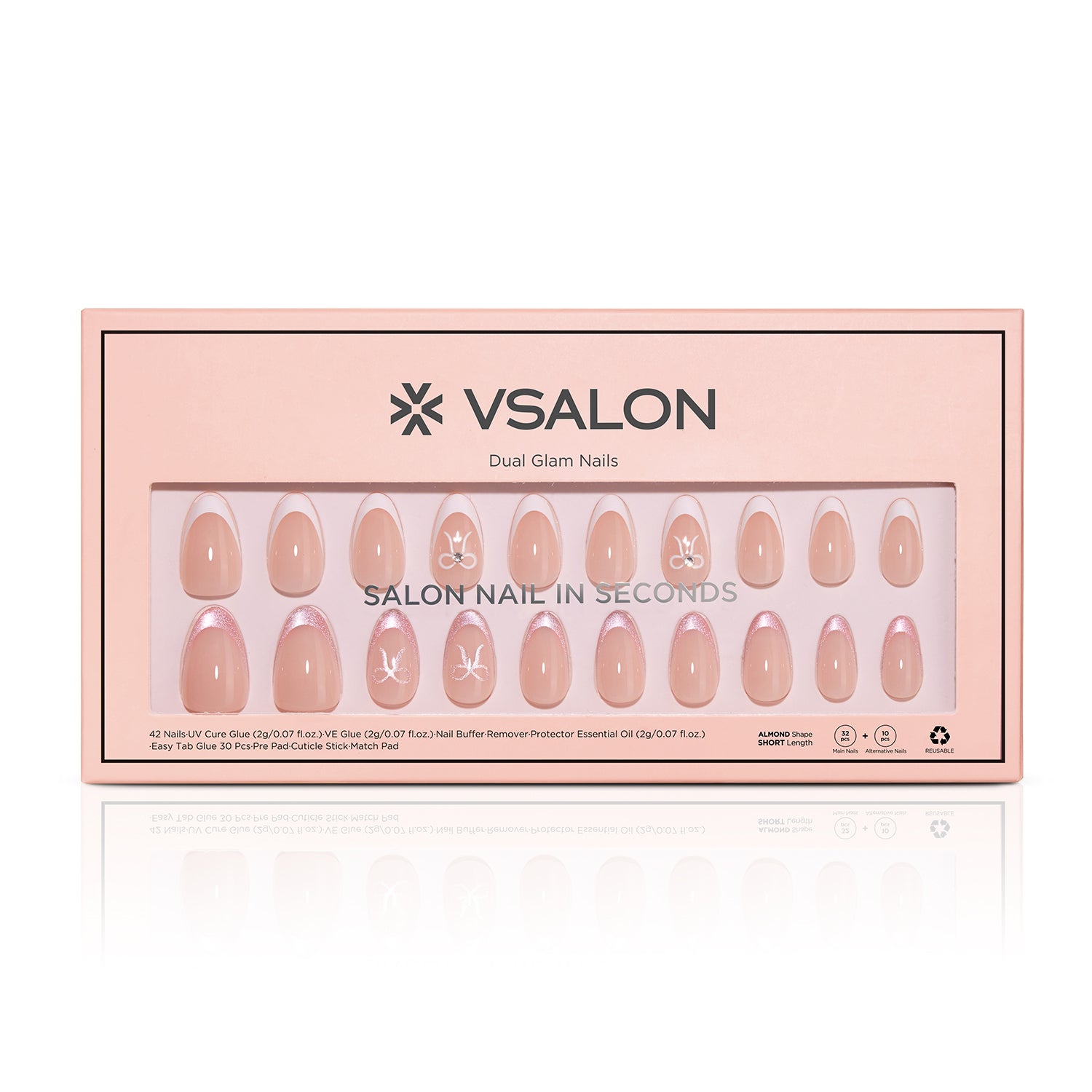 VSALON Dual Glam Nails Lovers Note Bow French Tips Short Almond Press On Nails - easy to apply, salon-quality, lasts 25+ days.