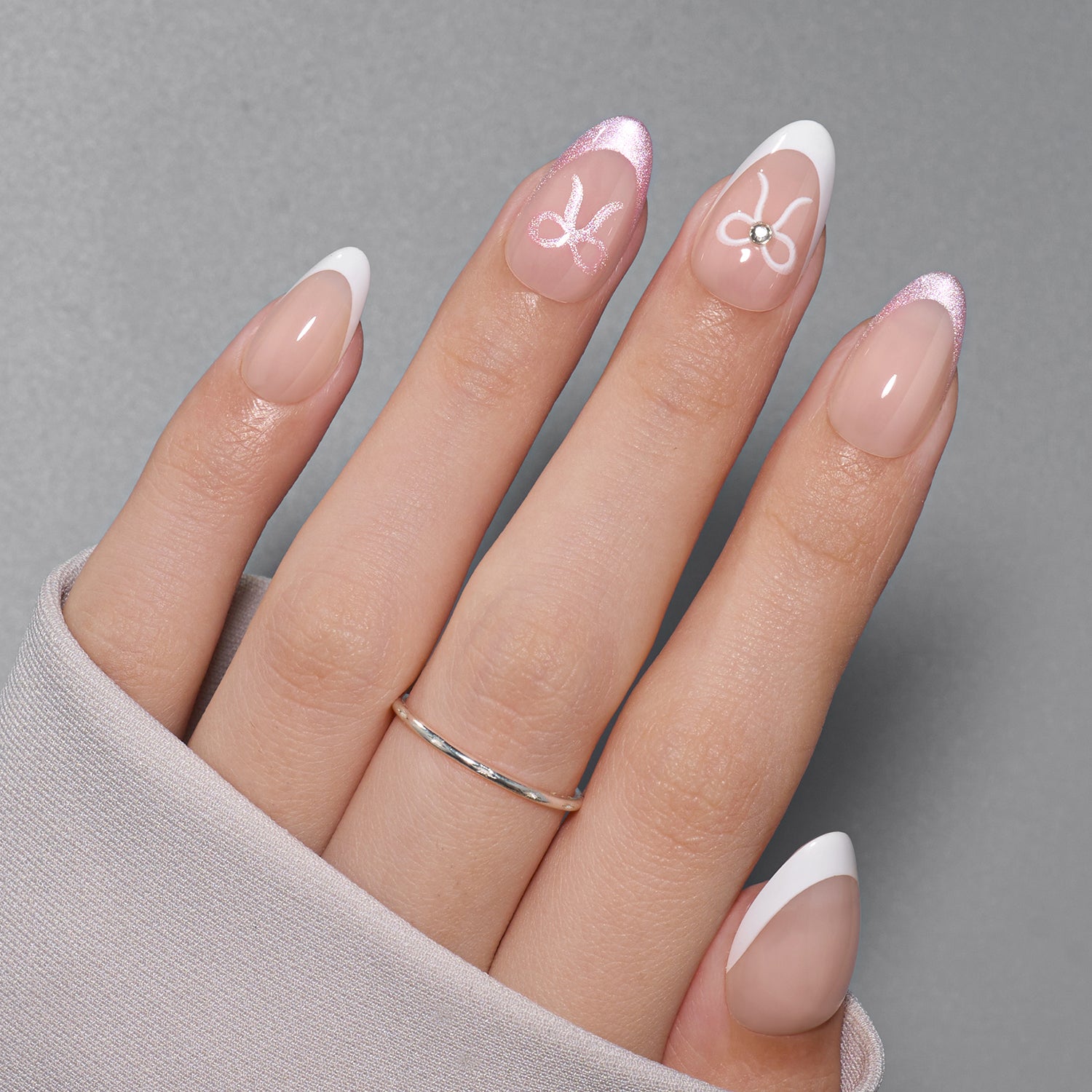 VSALON Dual Glam Nails Lovers Note Bow French Tips Short Almond Press On Nails - model wearing