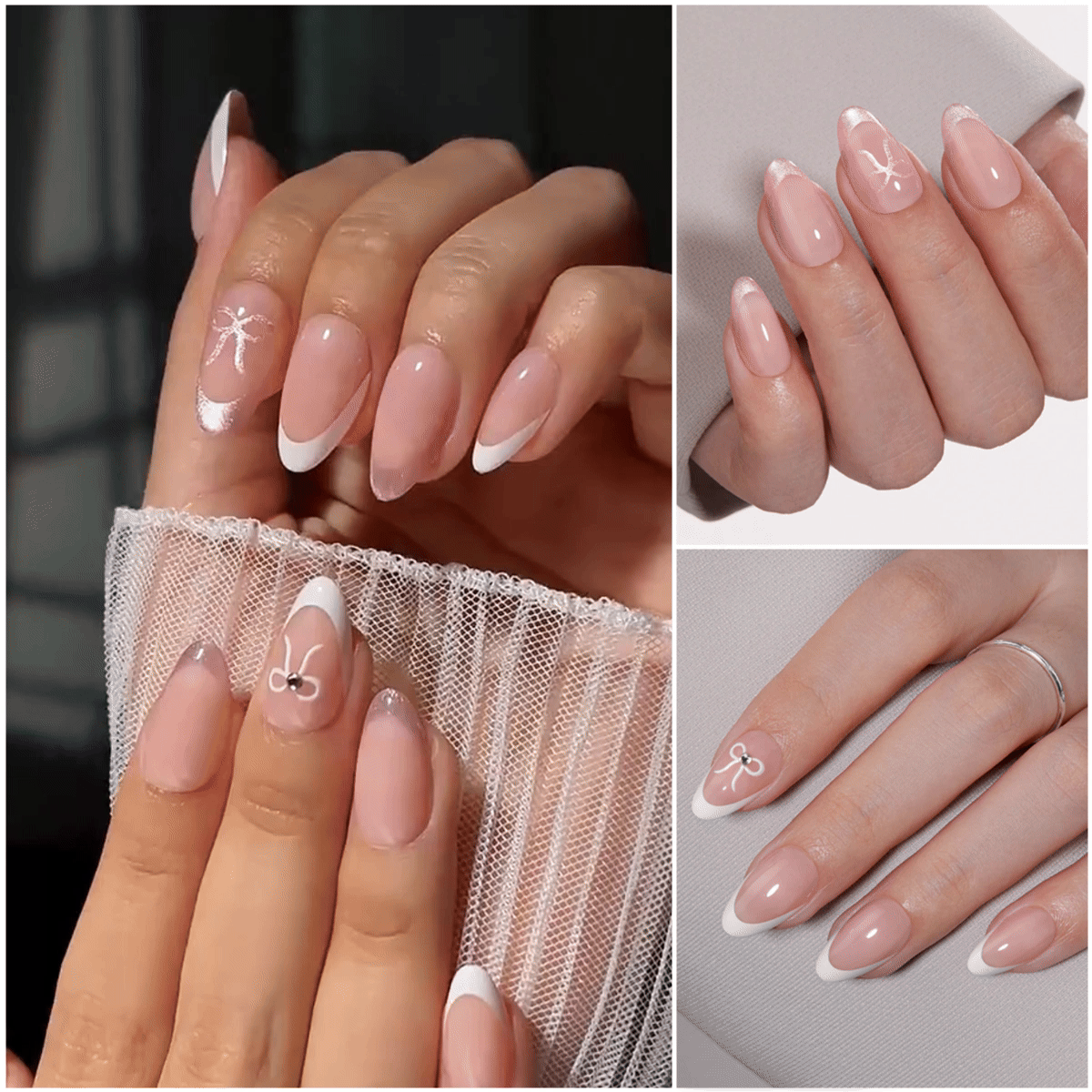 VSALON Dual Glam Nails Lovers Note Bow French Tips Short Almond Press On Nails - Model showing nails with both hands – displaying nail design and manicure style