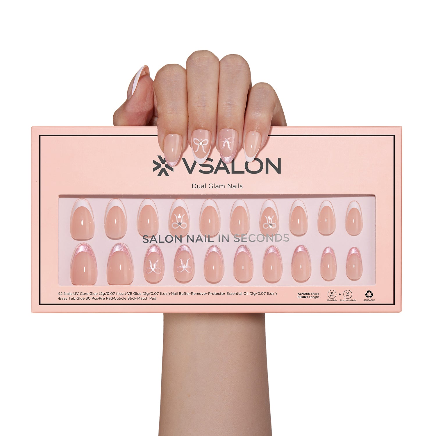 VSALON Dual Glam Nails Lovers Note Bow French Tips Short Almond Press On Nails - model's hand holding the top of the box – displaying nail design and product packaging