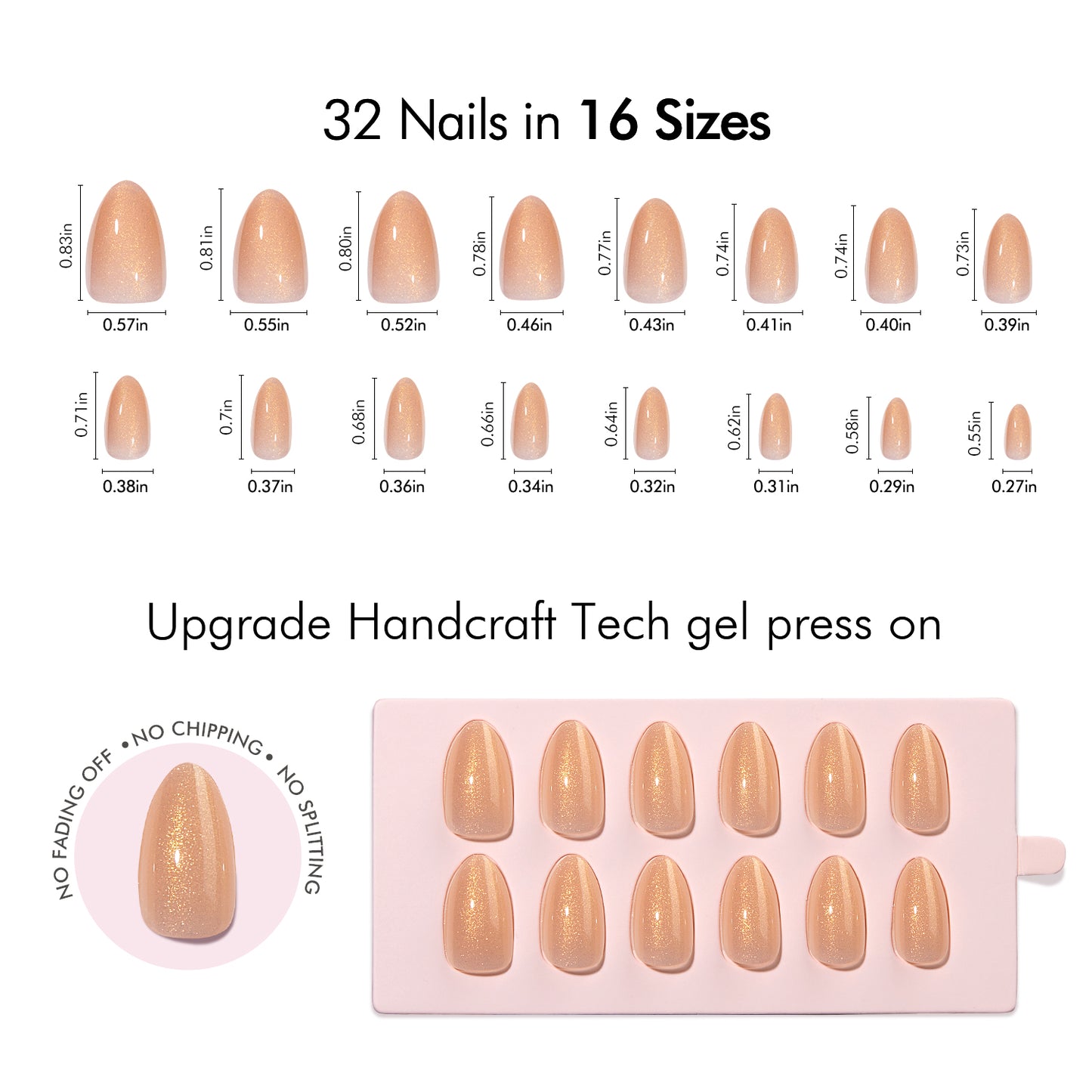 VSALON UV Cure Nails Luxe Pumpkin orange Short Almond Press On Nails Size Chart – shows length and width for each press on nail.