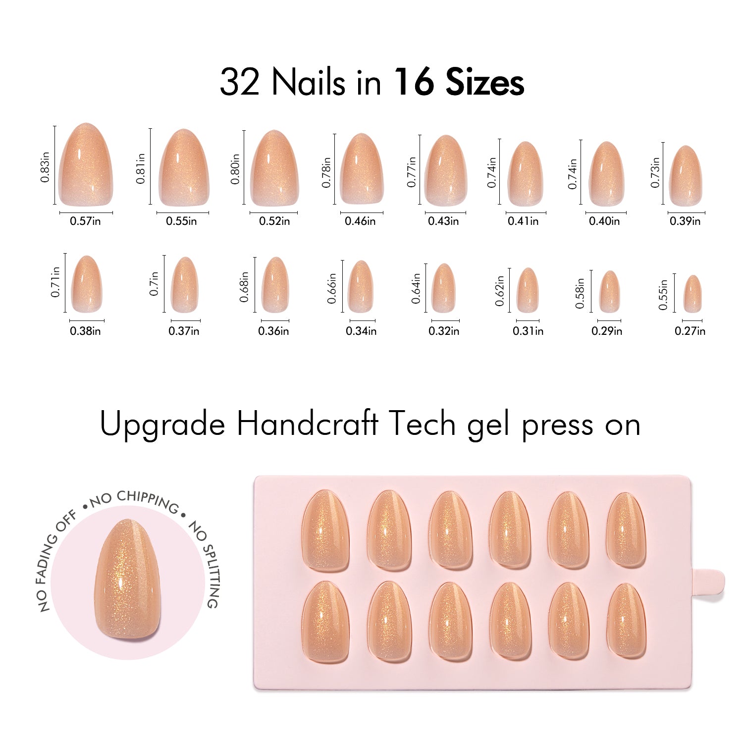 VSALON UV Cure Nails Luxe Pumpkin orange Short Almond Press On Nails Size Chart – shows length and width for each press on nail.