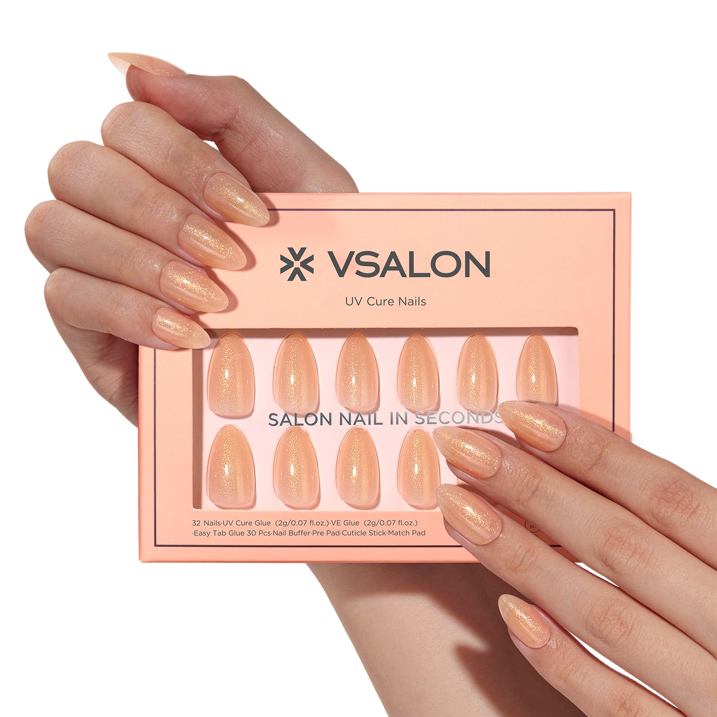 VSALON UV Cure Nails Luxe Pumpkin orange Short Almond Press On Nails - natural look on hand model
