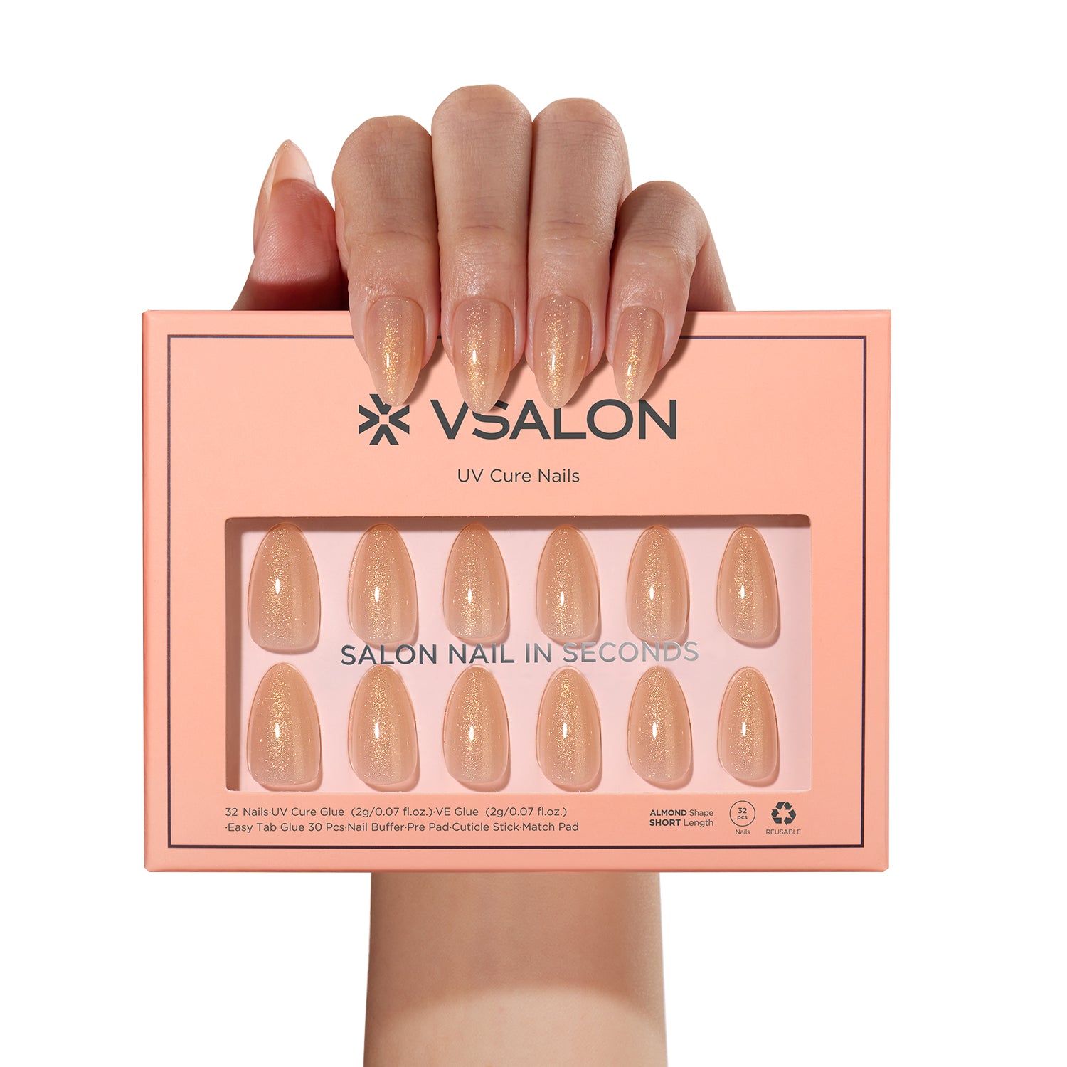 VSALON UV Cure Nails Luxe Pumpkin orange Short Almond Press On Nails - durable, easy to apply at home.