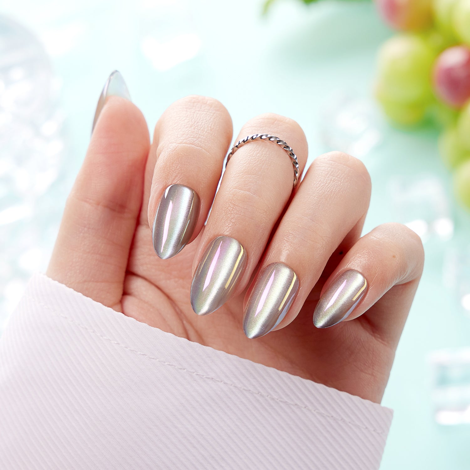 mint green press on nails, almond shape, soft spring nail design