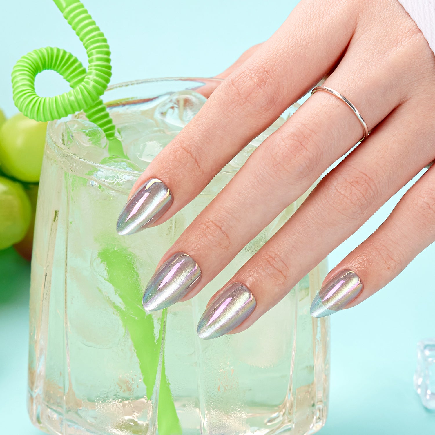 mint green press on nails, almond shape, soft spring nail design