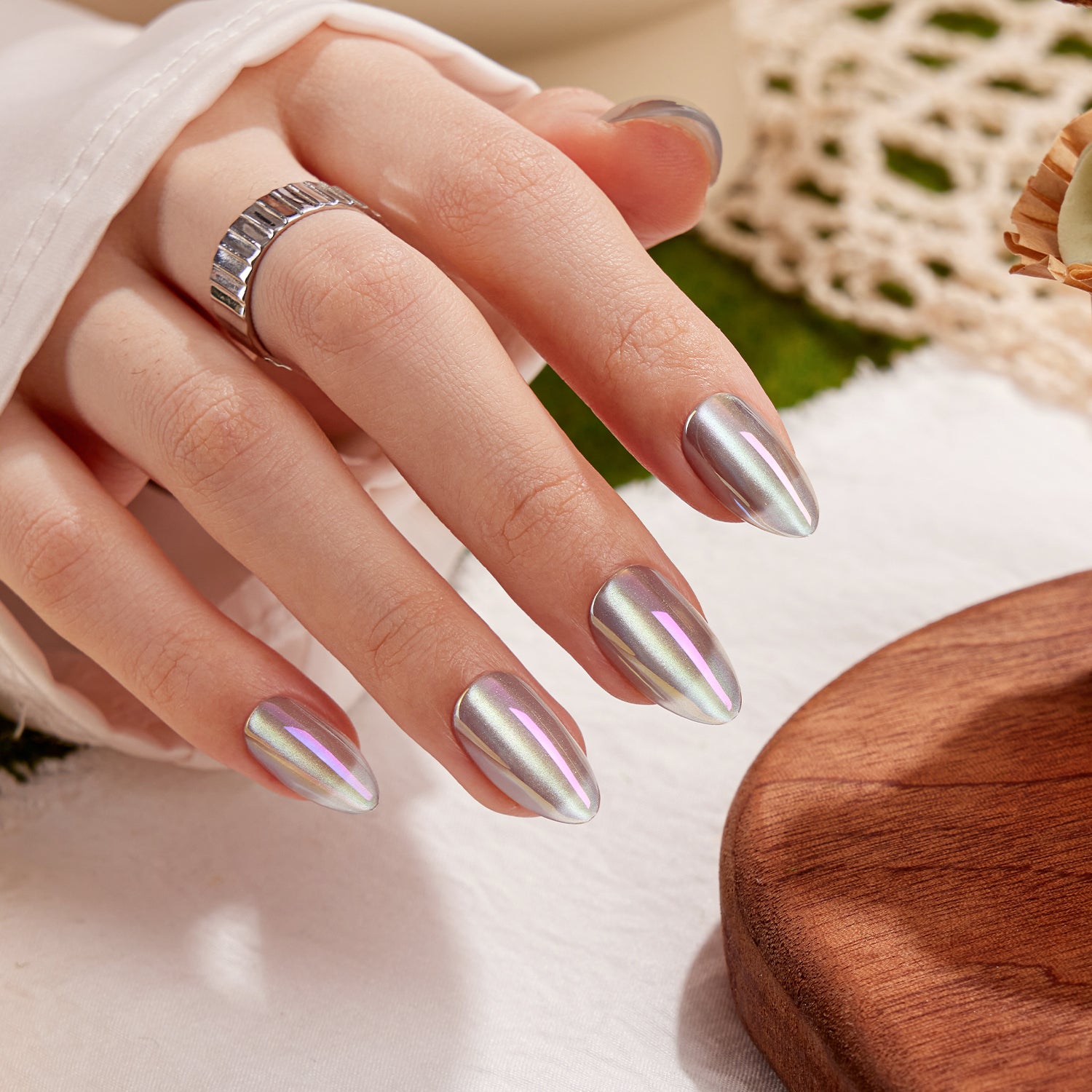 mint green press on nails, almond shape, soft spring nail design