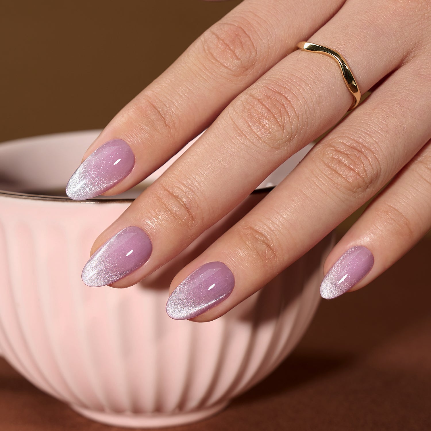 VSALON UV Cure Nails Mist Lilac Lavender Cat Eye Short Almond Press On Nails - perfect for daily wear or office style.