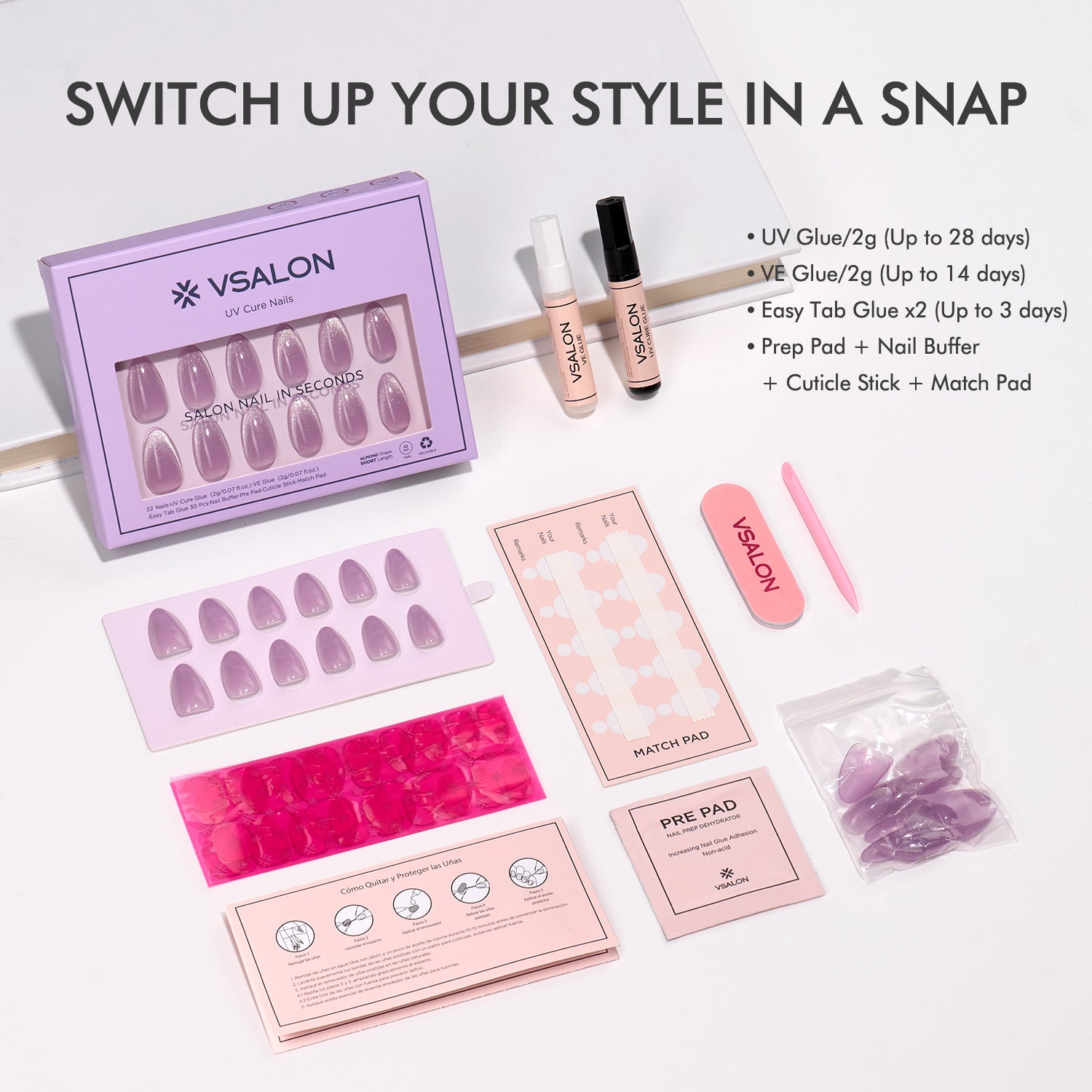 VSALON UV Cure Nails Mist Lilac Lavender Cat Eye Short Almond Press On Nails - easy to apply, salon-quality, lasts 25+ days.