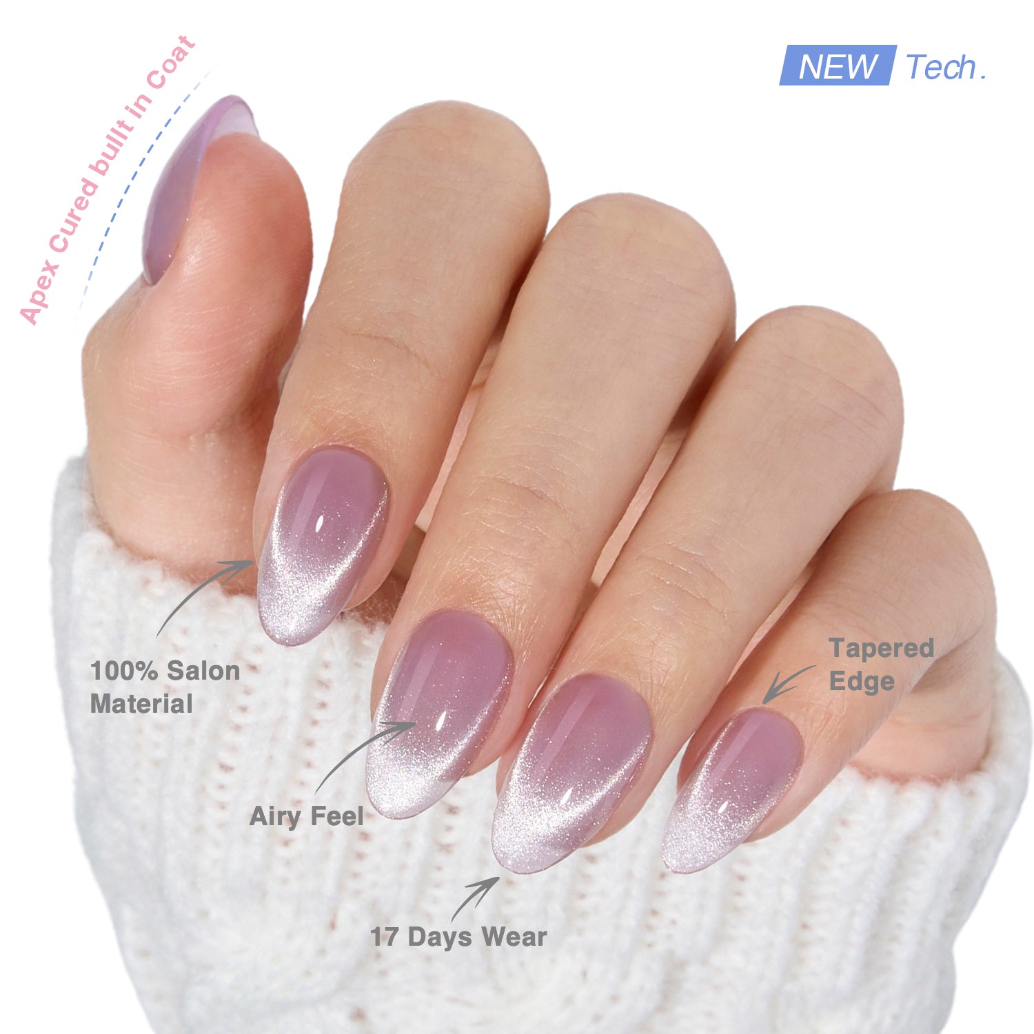 VSALON UV Cure Nails Mist Lilac Lavender Cat Eye Short Almond Press On Nails - salon-quality finish and perfect shine.