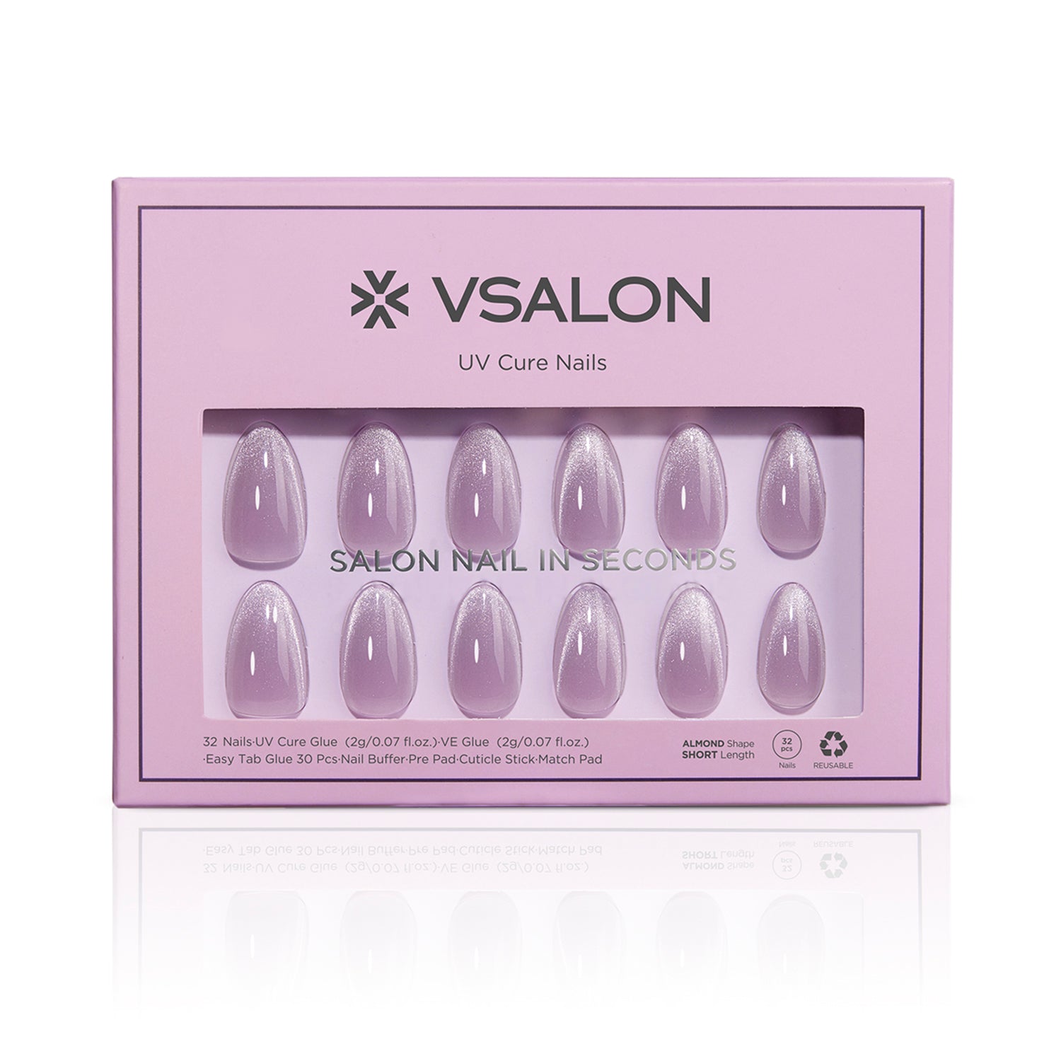 VSALON UV Cure Nails Mist Lilac Lavender Cat Eye Short Almond Press On Nails - Front view of VSALON press on nails box showing style and nail set details