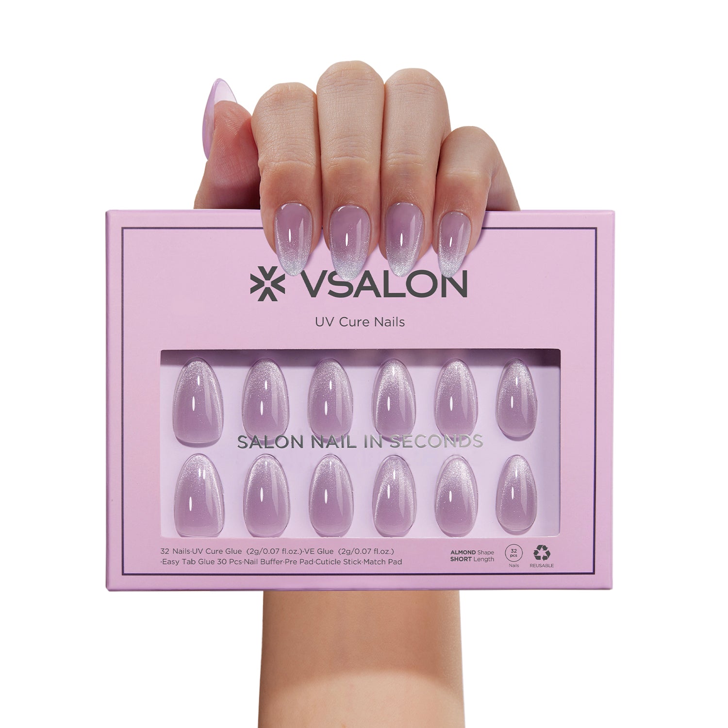 VSALON UV Cure Nails Mist Lilac Lavender Cat Eye Short Almond Press On Nails - model's hand holding the top of the box – displaying nail design and product packaging