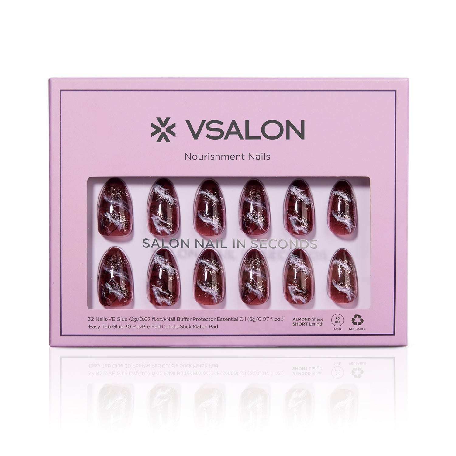 VSALON Nourishment Nails “Mocha Marble”Marble Short Almond Press On Nails – easy to apply, salon-quality, lasts 25+ days.