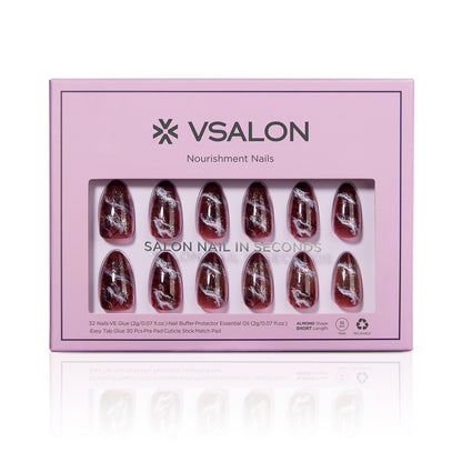 VSALON Nourishment Nails “Mocha Marble”Marble Short Almond Press On Nails – easy to apply, salon-quality, lasts 25+ days.