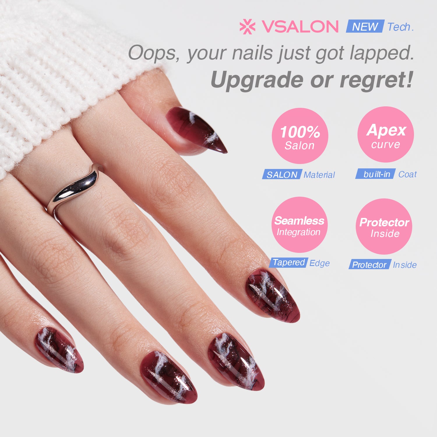 VSALON Nourishment Nails Mocha Marble Short Almond Press On Nails - last up to 25+ days, salon-quality durability.