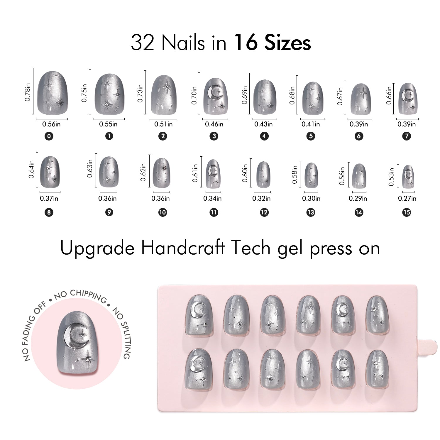 VSALON Nourishment Moonlight Sonata 3D Frosty Star Cat Eye Short Oval Press On Nails Size Chart – shows length and width for each press on nail.