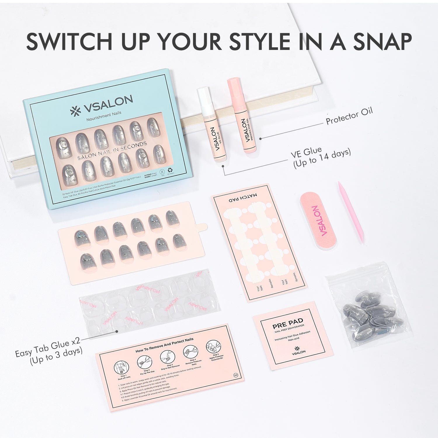 VSALON Nourishment Moonlight Sonata 3D Frosty Star Cat Eye Short Oval Press On Nails - kit showing full package contents including nails, glue, and tools