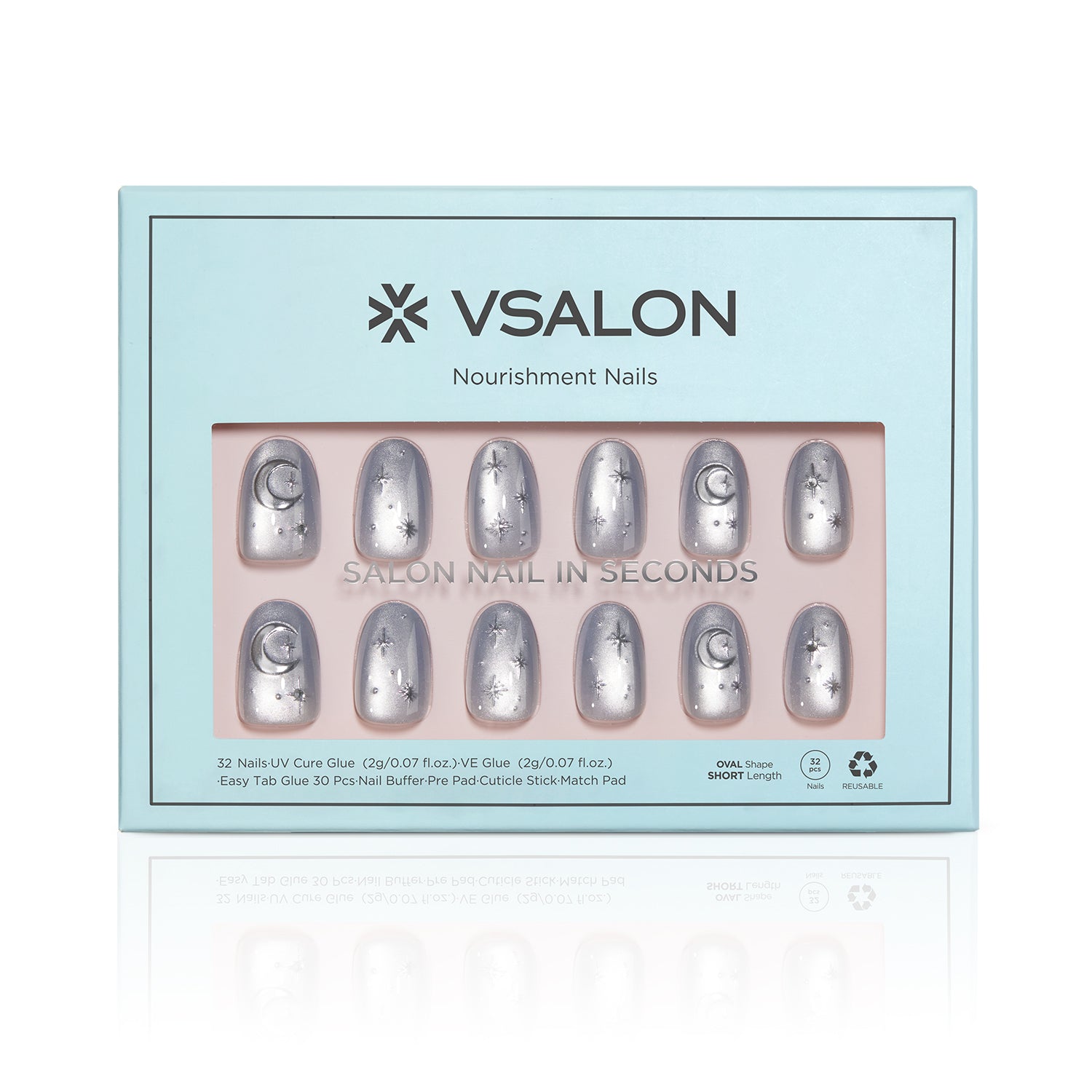 VSALON Nourishment Moonlight Sonata 3D Frosty Star Cat Eye Short Oval Press On Nails - Front view of press on nails box showing style and nail set details
