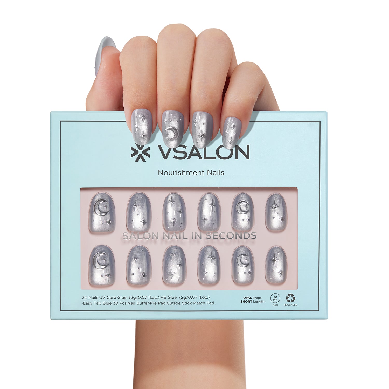 VSALON Nourishment Moonlight Sonata 3D Frosty Star Cat Eye Short Oval Press On Nails - model's hand holding the top of the box – displaying nail design and product packaging
