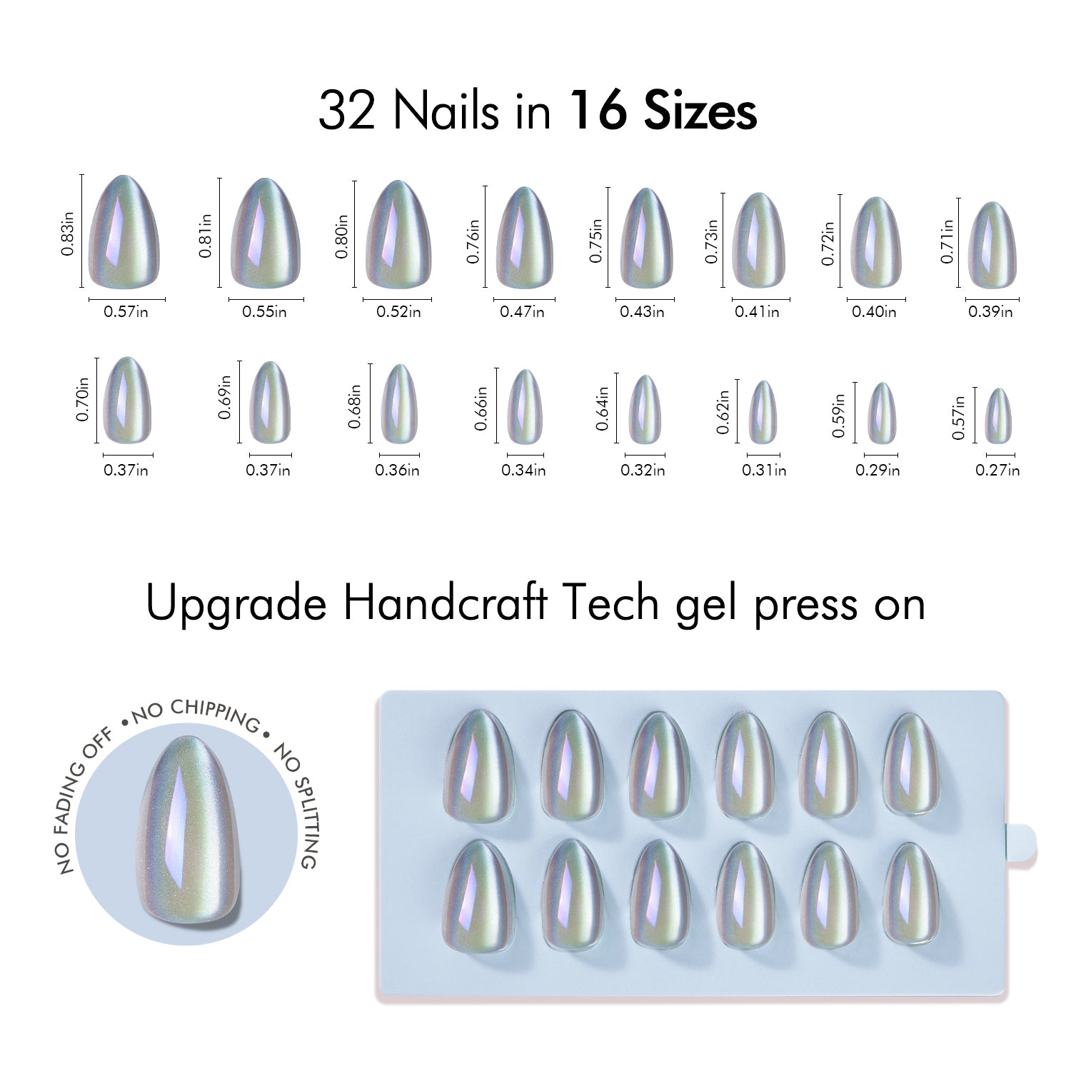 VSALON Nourishment Moonstone Cat Eye Glossy Short Almond Press On Nails Size Chart – shows length and width for each press on nail.