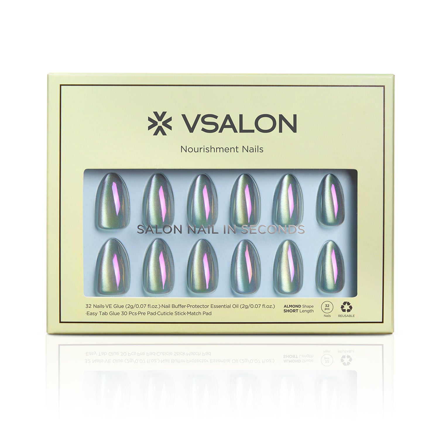 VSALON Nourishment Moonstone Cat Eye Glossy Short Almond Press On Nails - Front view of press on nails box showing style and nail set details