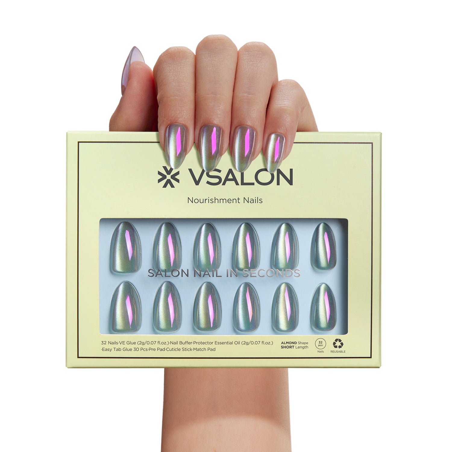 VSALON Nourishment Moonstone Cat Eye Glossy Short Almond Press On Nails - model's hand holding the top of the box – displaying nail design and product packaging
