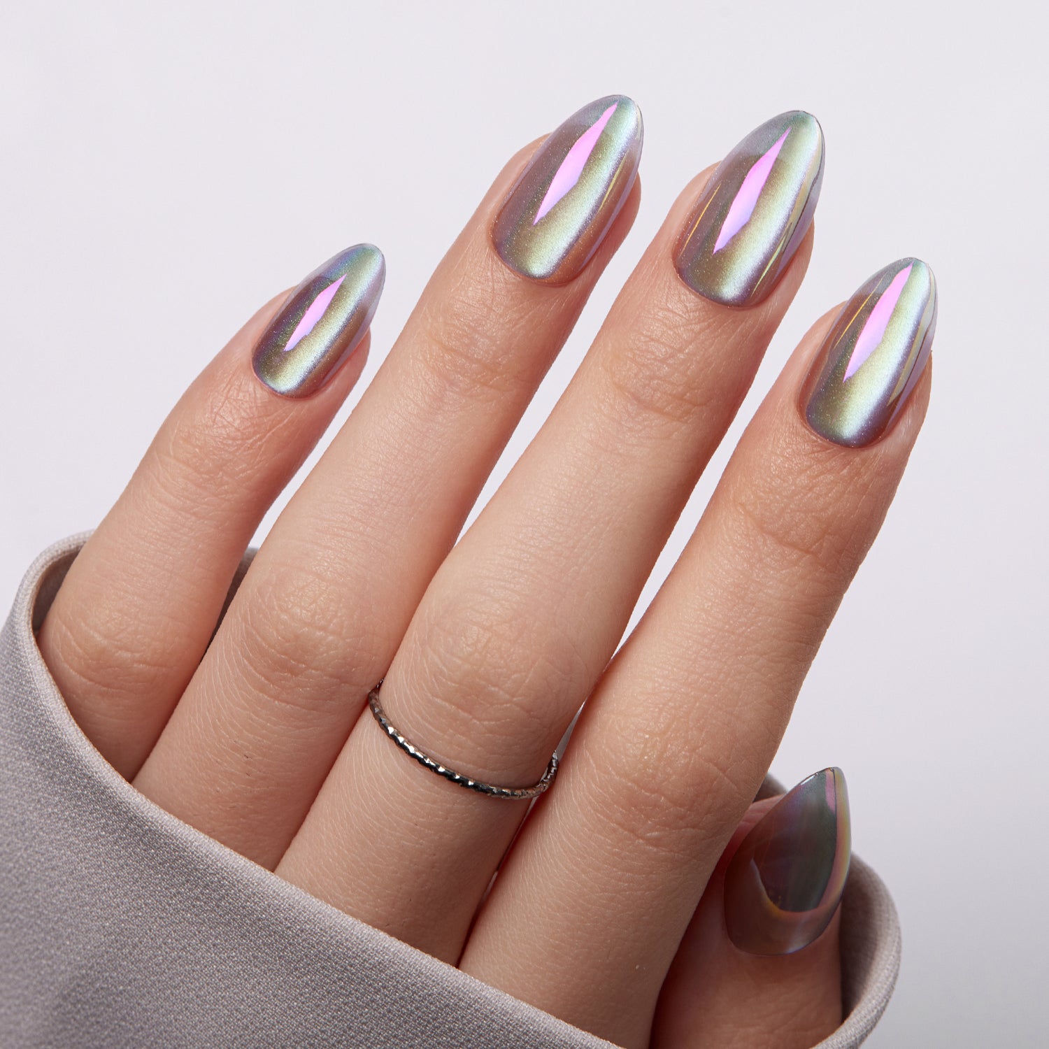 VSALON Nourishment Moonstone Cat Eye Glossy Short Almond Press On Nails - elegant look worn on hands