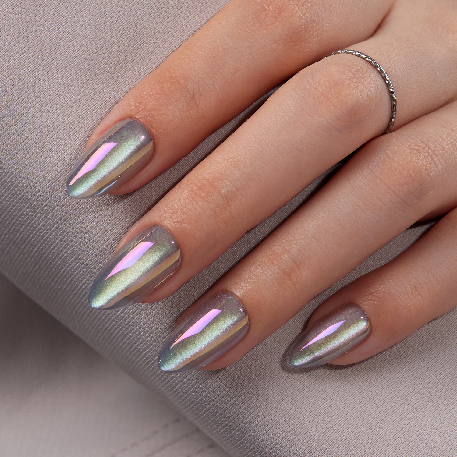 VSALON Nourishment Moonstone Cat Eye Glossy Short Almond Press On Nails - natural look on hand model