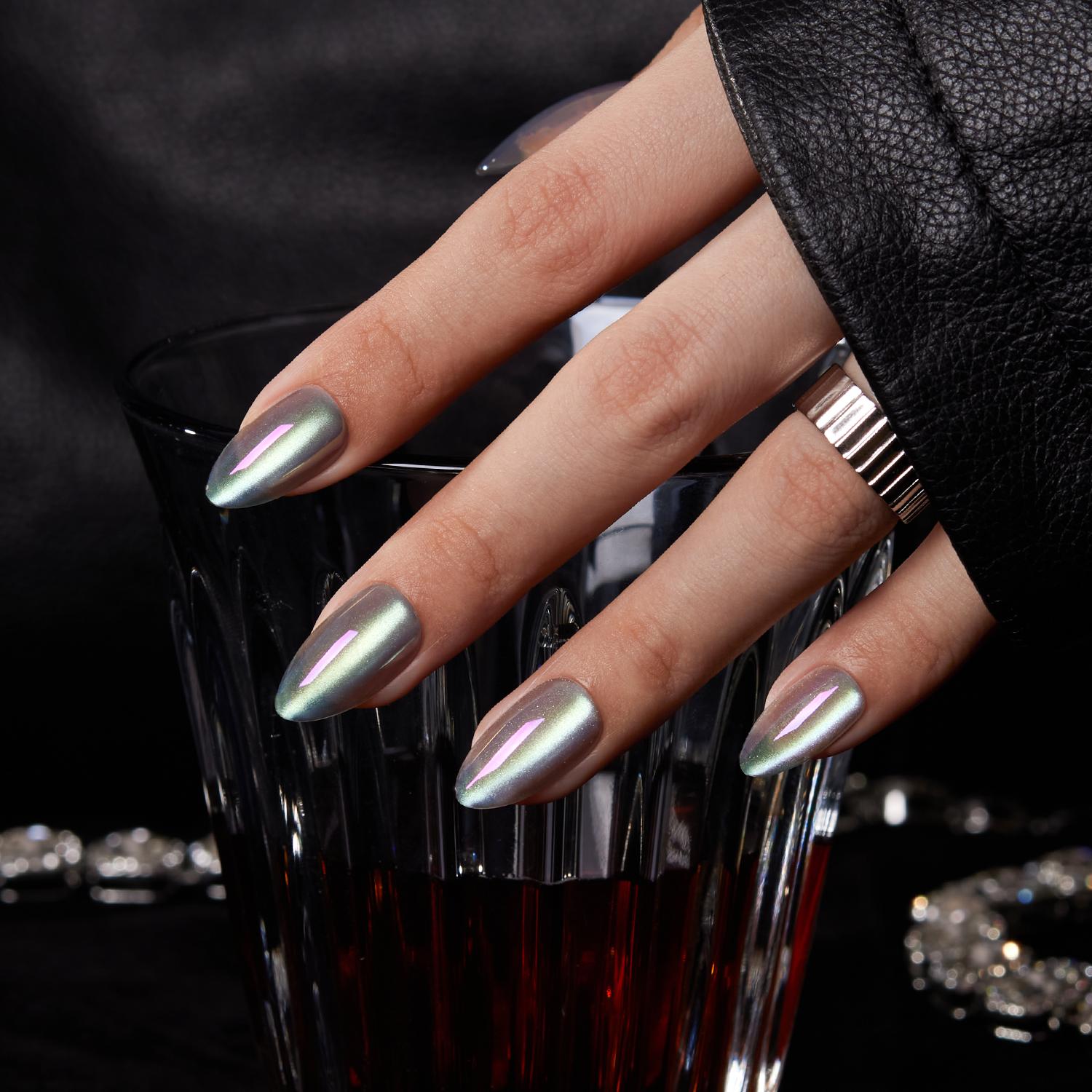 VSALON Nourishment Moonstone Cat Eye Glossy Short Almond Press On Nails - Close-up of VSALON punk press on nails with metallic studs and bold design