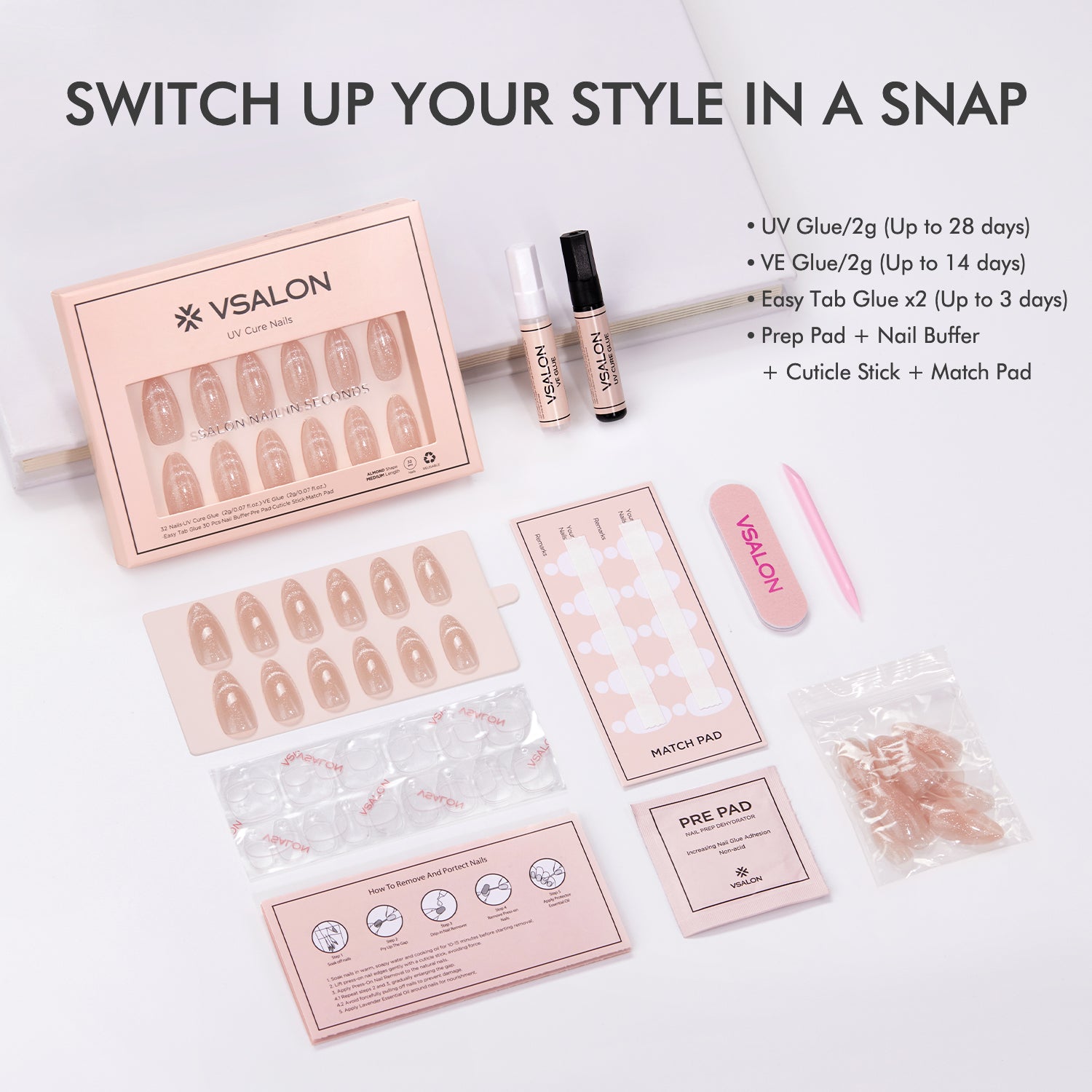 VSALON UV Cure Nails Mummy Minimalist Short Almond Press On Nails - durable, easy to apply at home.