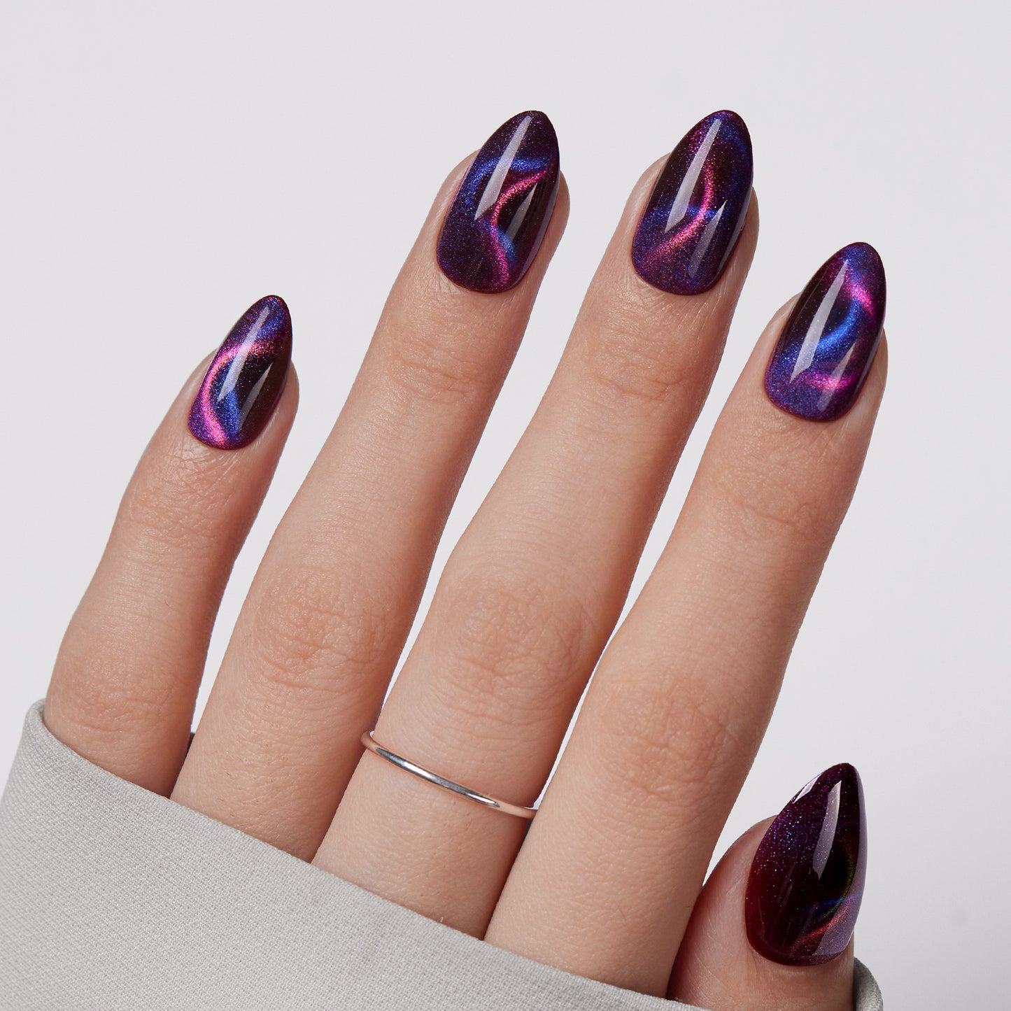 VSALON Nourishment Cosmos Purple Short Almond Press On Nails - elegant look worn on hands