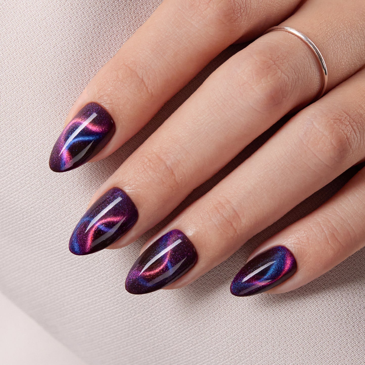 VSALON Nourishment Cosmos Purple Short Almond Press On Nails - model wearing
