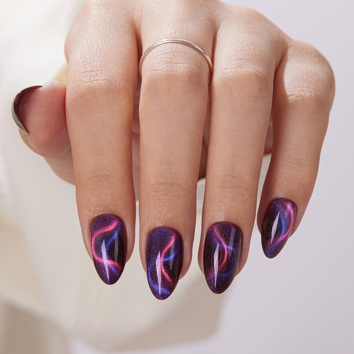 VSALON Nourishment Cosmos Purple Short Almond Press On Nails - elegant look worn on hands