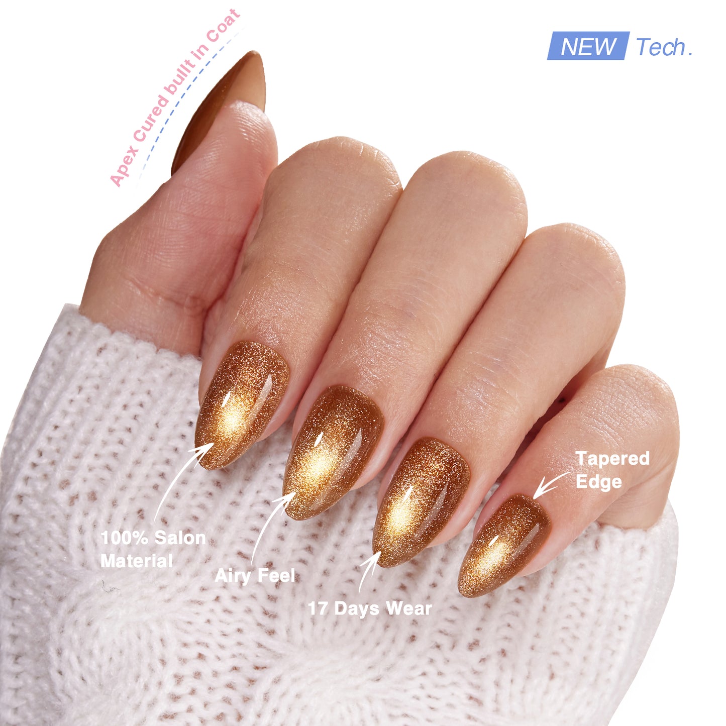 Hand model wearing VSALON“Truffle Halo”gold short almond press on nails – salon-quality finish.