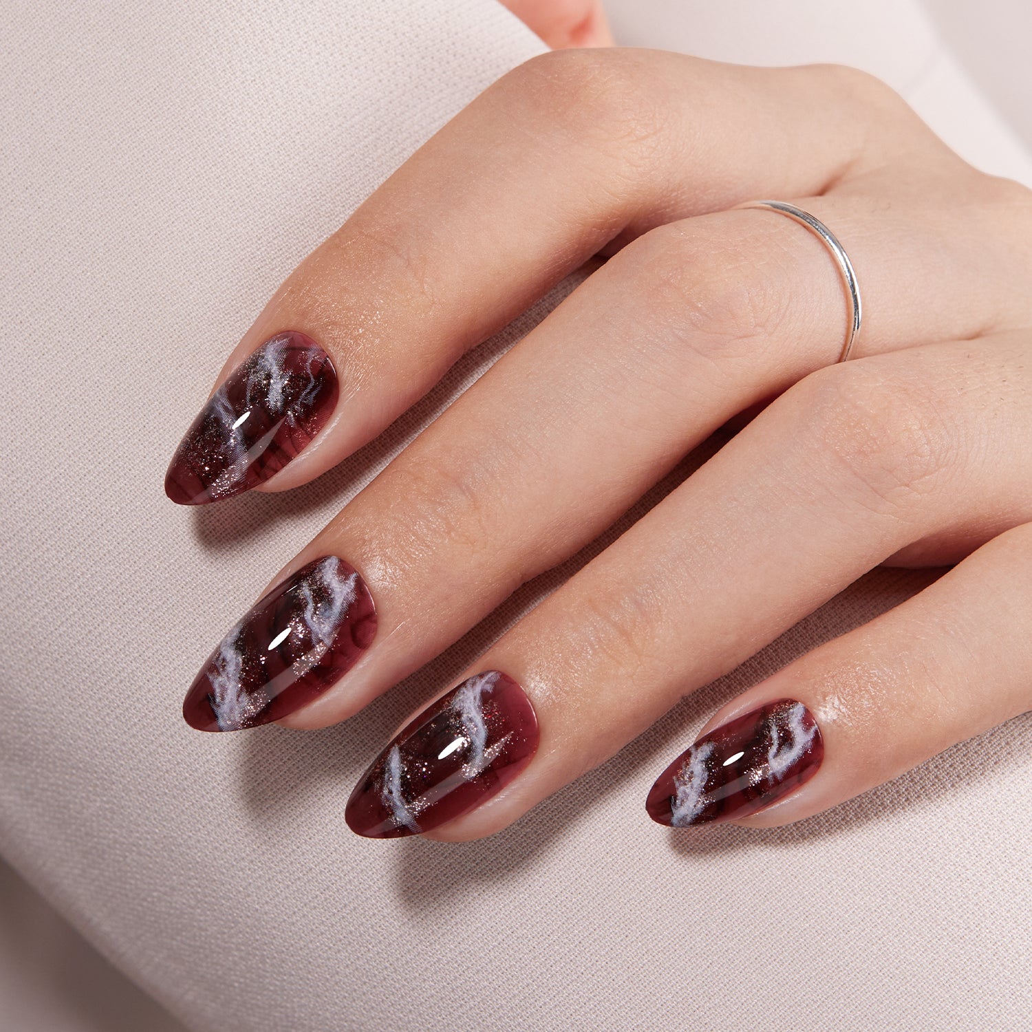 VSALON Nourishment Nails “Mocha Marble” Marble Short Almond Press On Nails –elegant look worn on hands.