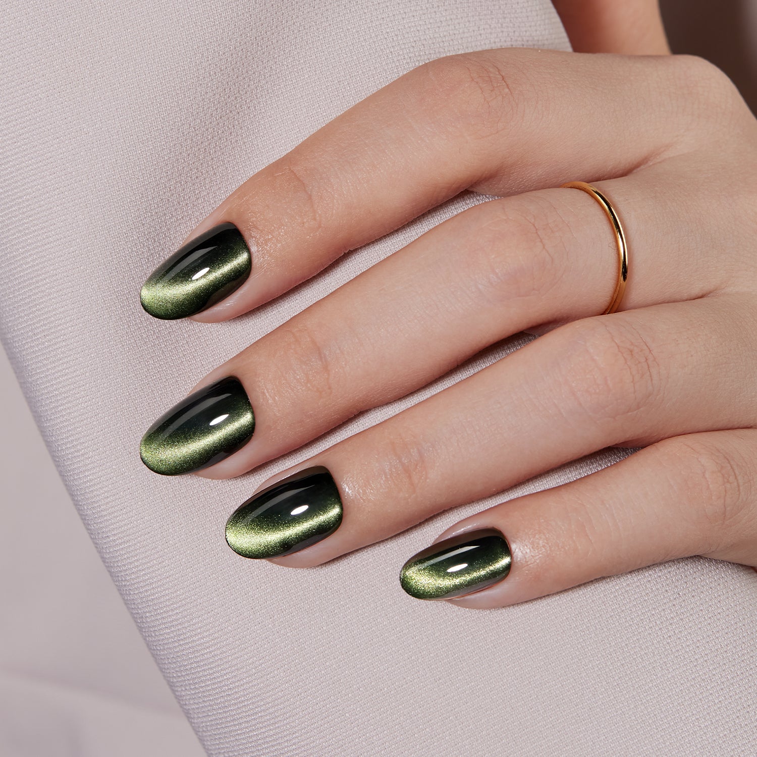 VSALON Nourishment Nails “Velvet Moss” Green Oval Press On Nails – elegant look worn on hands.